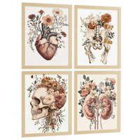 POSTER Set aus 4 Anatomie Drucke und Wandbilder mit Herz Nieren Schädel und Becken Botanischer Stil Medizinische Wanddekoration Größe Rahmenlos A4 - Klar, Papier (21/29.7/3cm) - Nacnic