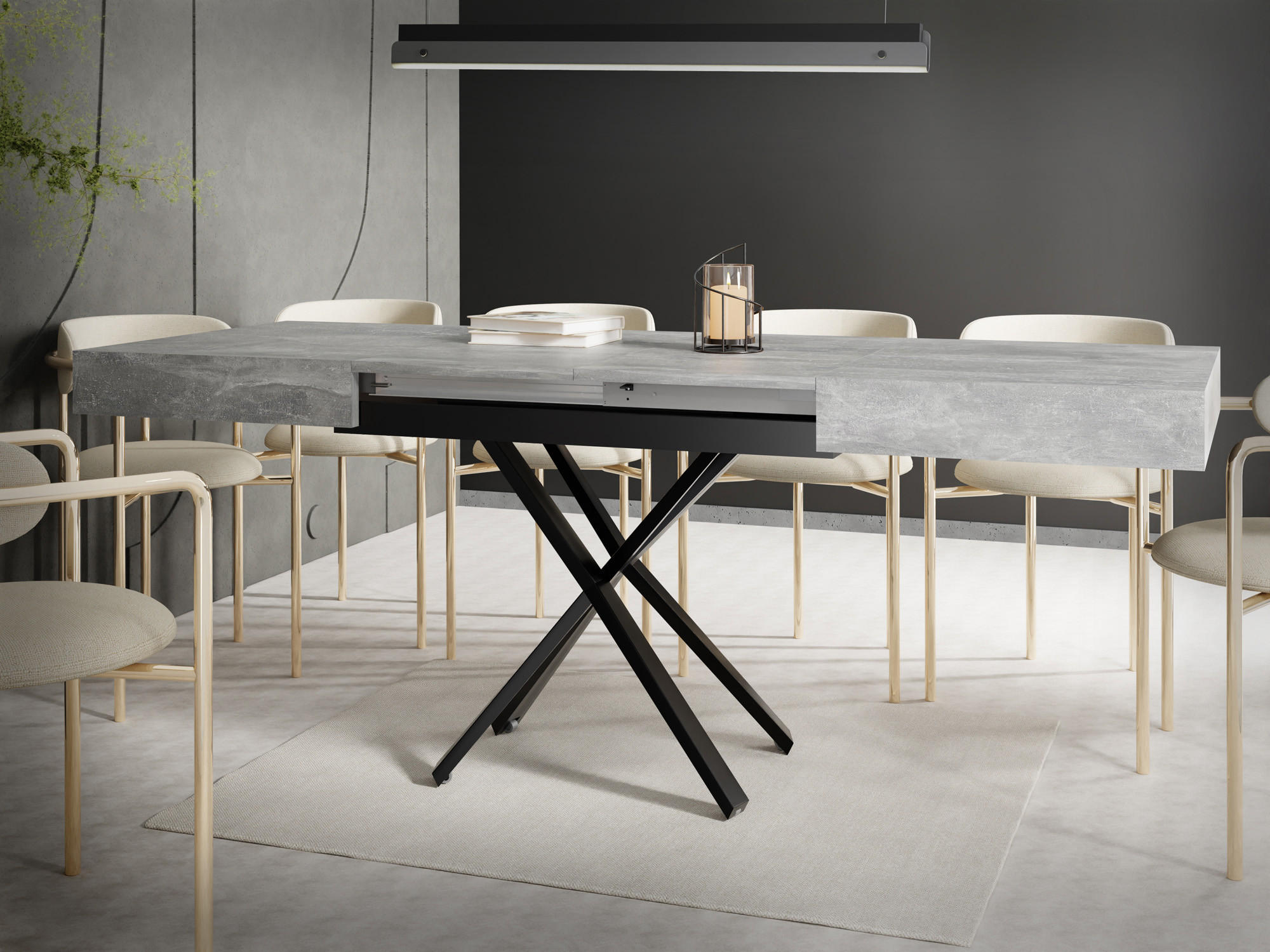 COUCHTISCH Cavetta X höhenverstellbar ausziehbar, Grauer Beton 120-200/80/27-76 cm - Hellgrau/Schwarz, Holzwerkstoff/Metall (80/120/76cm) - WFL GROUP