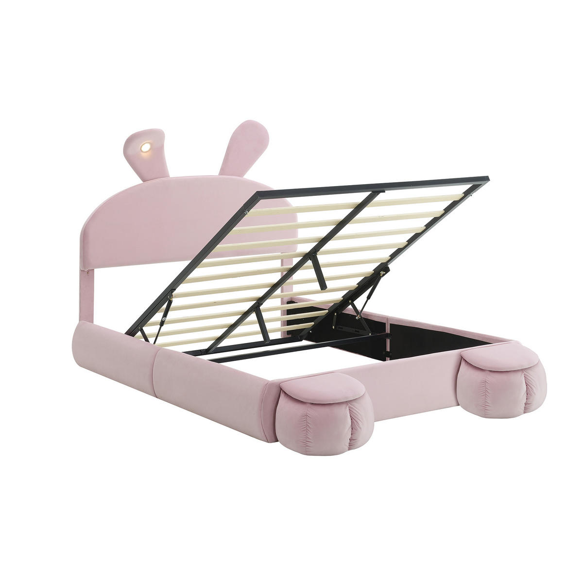 POLSTERBETT 140/200 cm rosa aus Samt mit LED-Hasenohren und Bettkasten - Rosa, Textil (140/200cm) - OKWISH