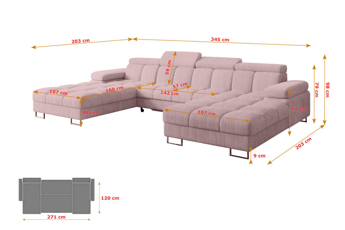 WOHNLANDSCHAFT mit Schlaffunktion und Bettkasten COMA U2 345x203x79 Rosa Cord - Rosa, Holzwerkstoff/Textil (345/79/203cm) - ALTDECOR