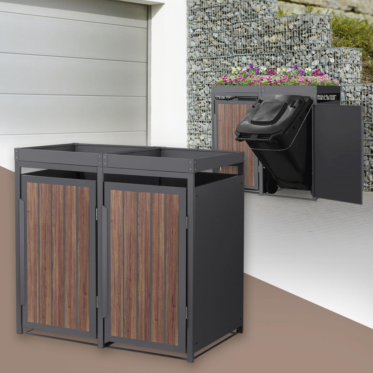 MÜLLTONNENBOX 2er mit Pflanzdach 240L Anthrazit-Holzoptik aus Stahl - Dunkelbraun, Metall (80/124/132cm) - ML-DESIGN