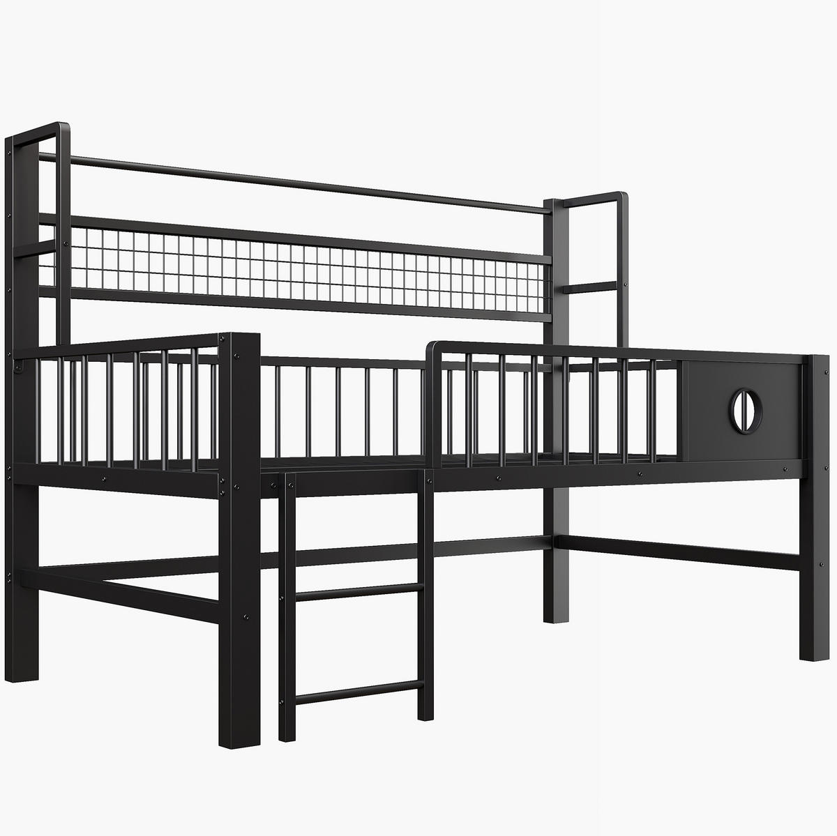 KINDEREINZELBETTEN aus Metall 90x200 cm in Schwarz mit Sicherheitsgitter & Stauraum - Schwarz, Metall (90/200cm) - Modfu