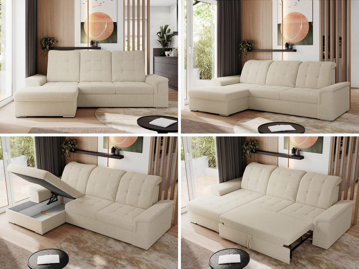 ECKSOFA MADRITO L - Beige Boucle - Links - Beige/Silberfarben, Textil/Metall (160/256cm)