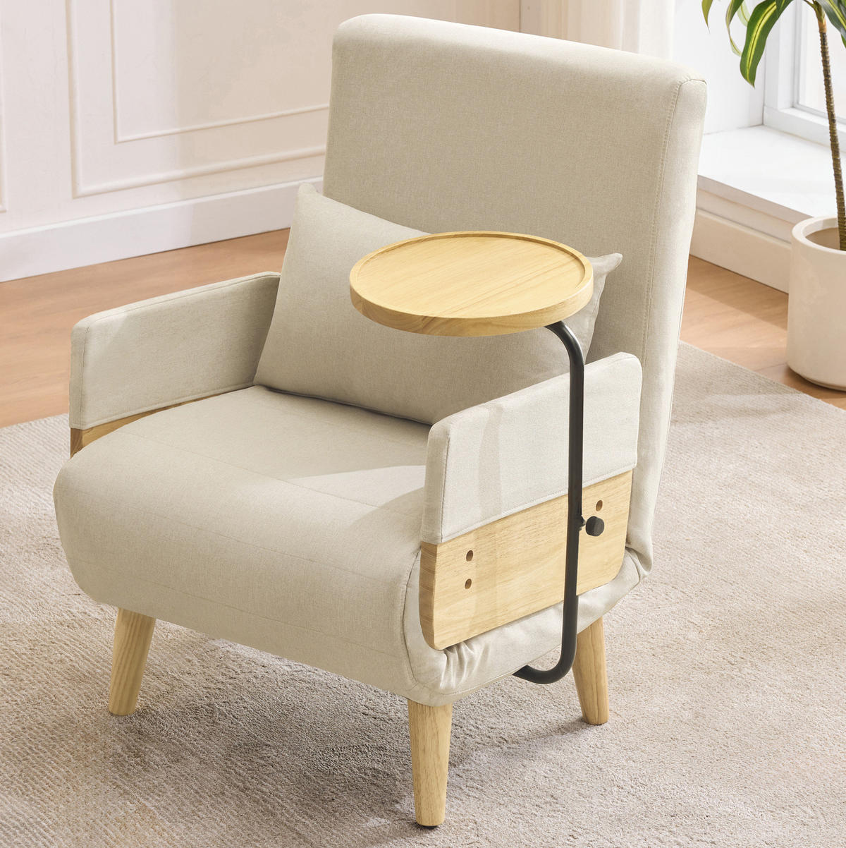 UMBAUSESSEL Leinen 3-in-1 mit 360 Grad Holztablett und verstellbarer Rückenlehne 88/74,5/66 cm Beige - Beige, Textil (88/74.5/66cm) - Redom