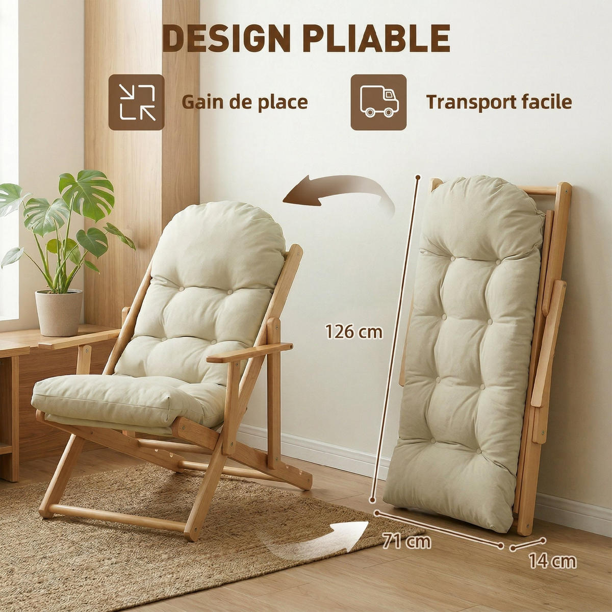 GARTENKLAPPSESSEL DE-13360 3-fach verstellbar & dickes Polster - Creme, Holz (89/96/71cm) - ComfortXL
