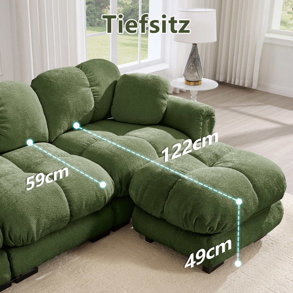 SOFA modular Chenille Green mit Steppdesign - Grün, Textil (260/90/86cm) - IVMEU