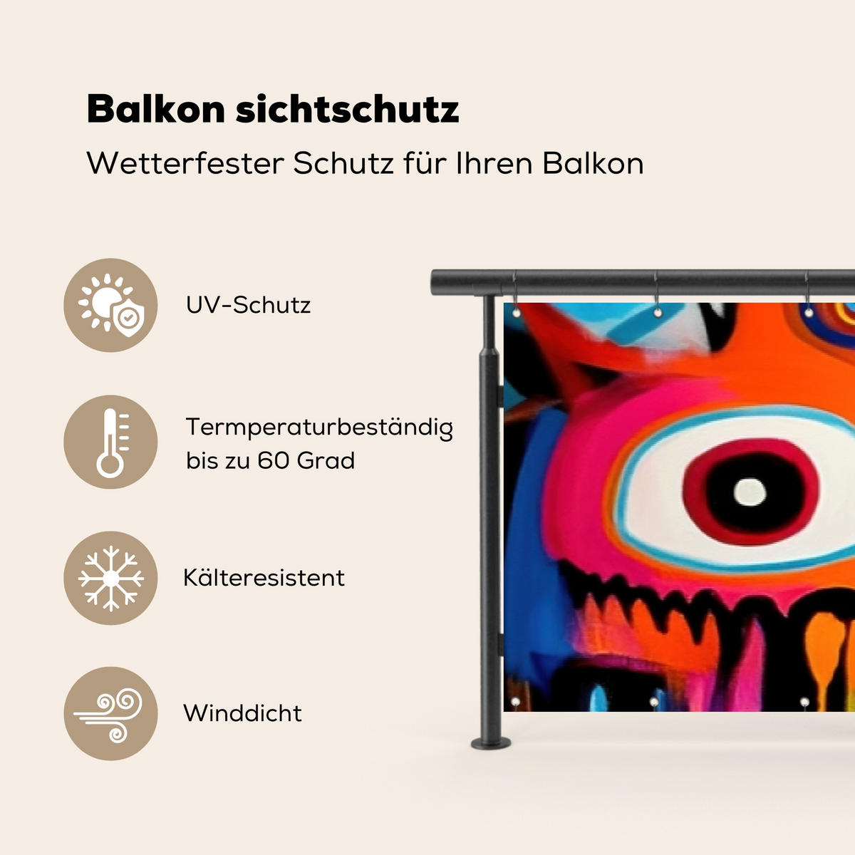 BALKON-SICHTSCHUTZ Abstrakt - Gesicht - Farbenfroh - Multicolor, Kunststoff (500/75cm) - MuchoWow