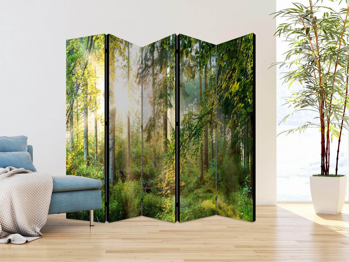 PARAVÁN Jednostranný 5-dielny 225x172 cm Les pri Východe Slnka - zelená, drevo/textil (225/172/3cm) - Muralo