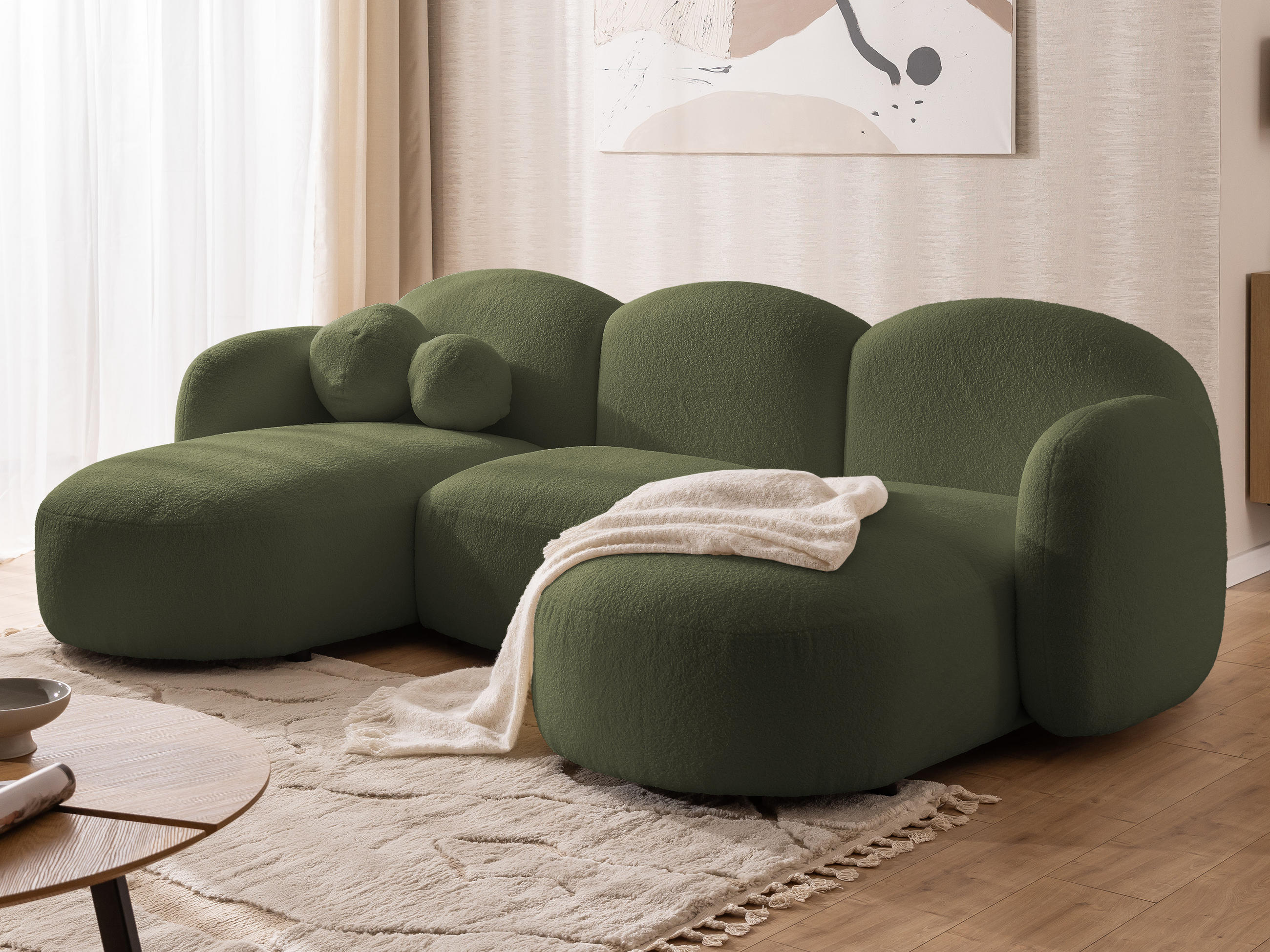 WOHNLANDSCHAFT Nuvola mit abgerundetem Design Grün Bouclé-Stoff - Schwarz/Grün, Holz/Kunststoff (268/80/146cm) - S-Style Möbel