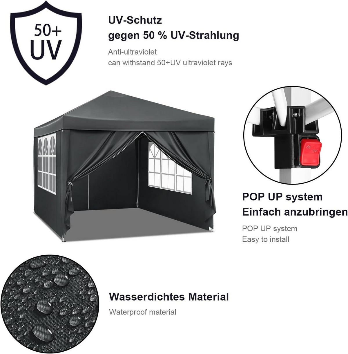 PAVILLON Pop-Up wasserdichter Faltpavillon, aus Oxford Metallrahmen 3 x 3 m - Anthrazit, Metall (300/300/260cm) - Woltu