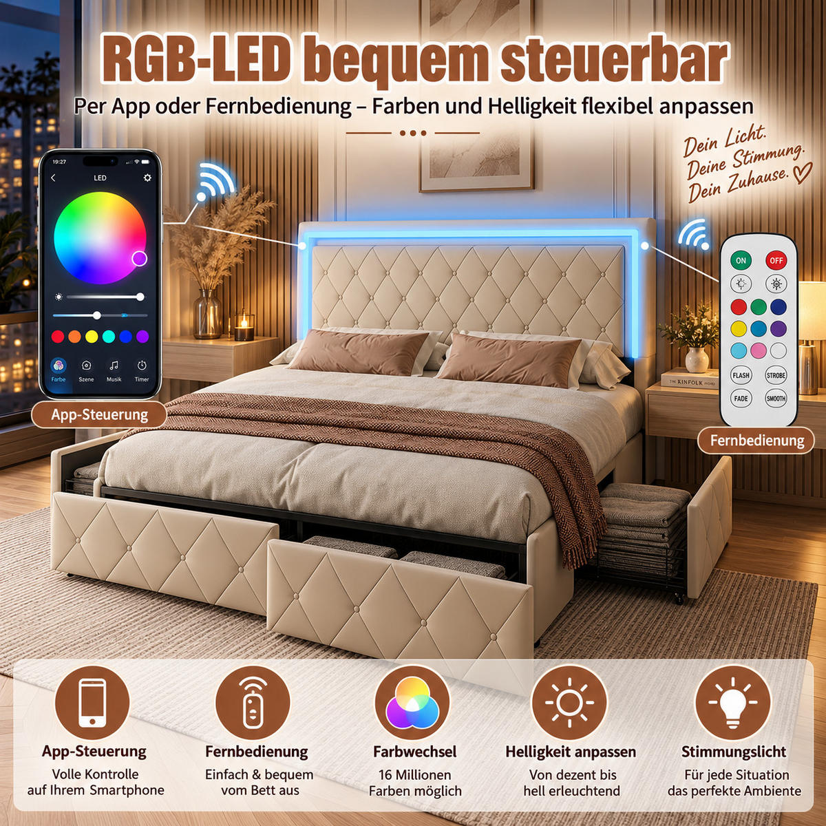 POLSTERBETT 140/200 cm Beige mit LED-Kopfteil, 4 Schubladen und Stauraum, Doppelbett gepolstert - Beige, Holz/Metall (140/200cm) - Joyfair