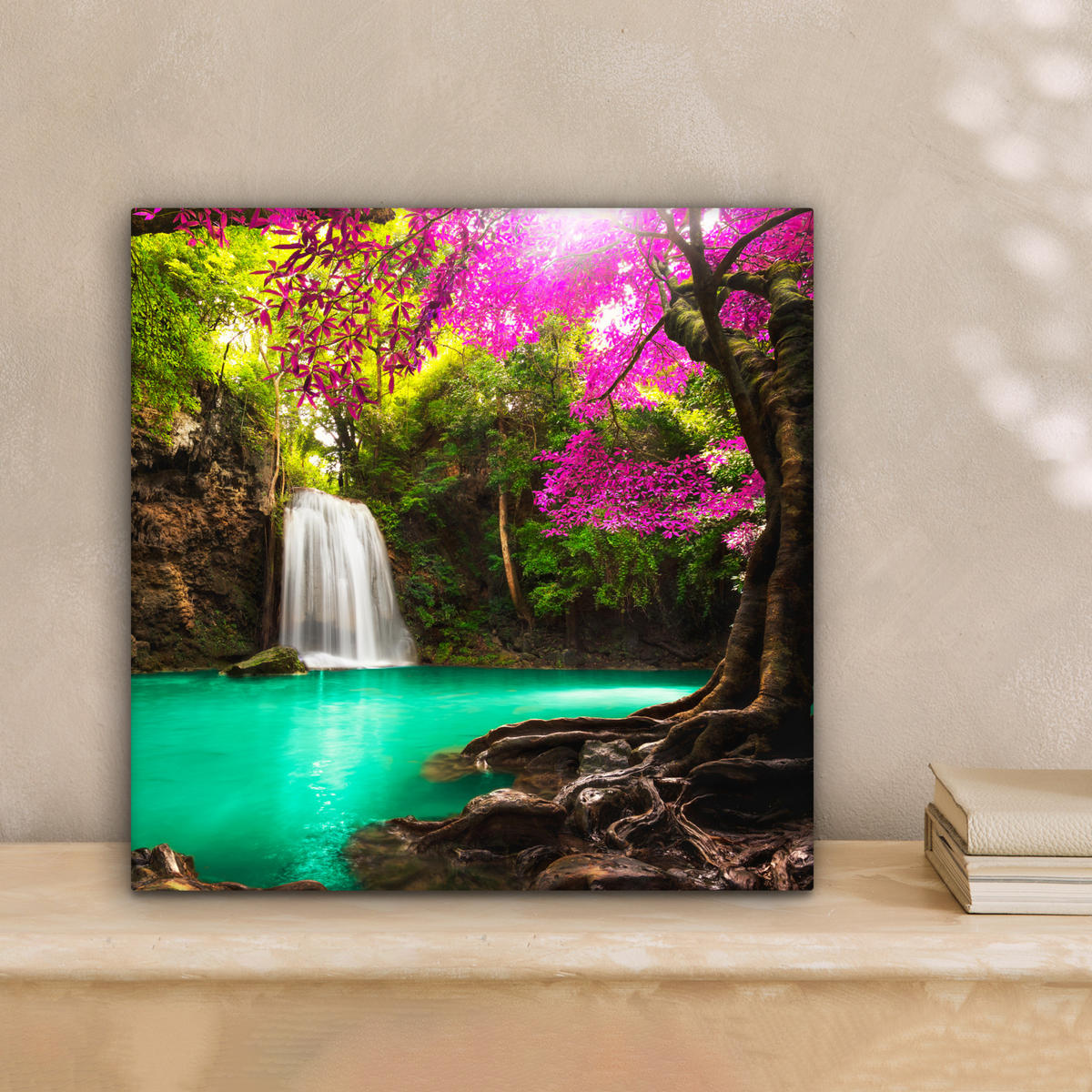 LEINWANDBILD Wasserfall mit bunten Blumen und Bäumen - Natur - Dschungel 20x20 cm - Waldgrün, Textil (20/20cm) - MuchoWow