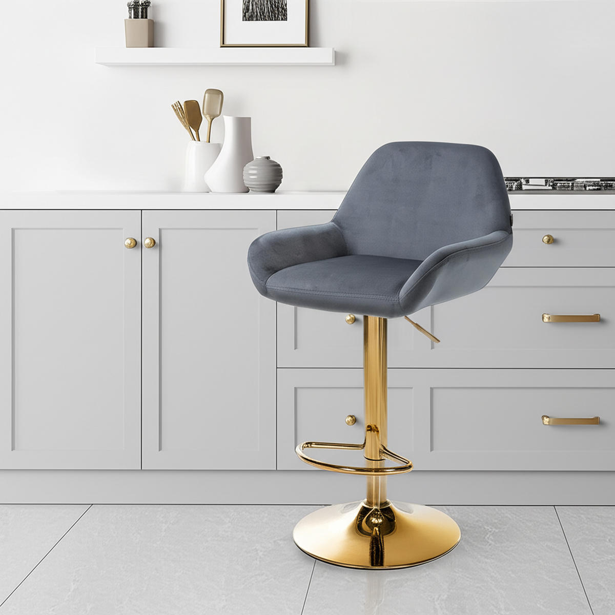 BARHOCKER 2er Set Prag Gold Samt dunkelgrau - Dunkelgrau/Goldfarben, Textil/Metall (51/109/52cm) - TPFLiving