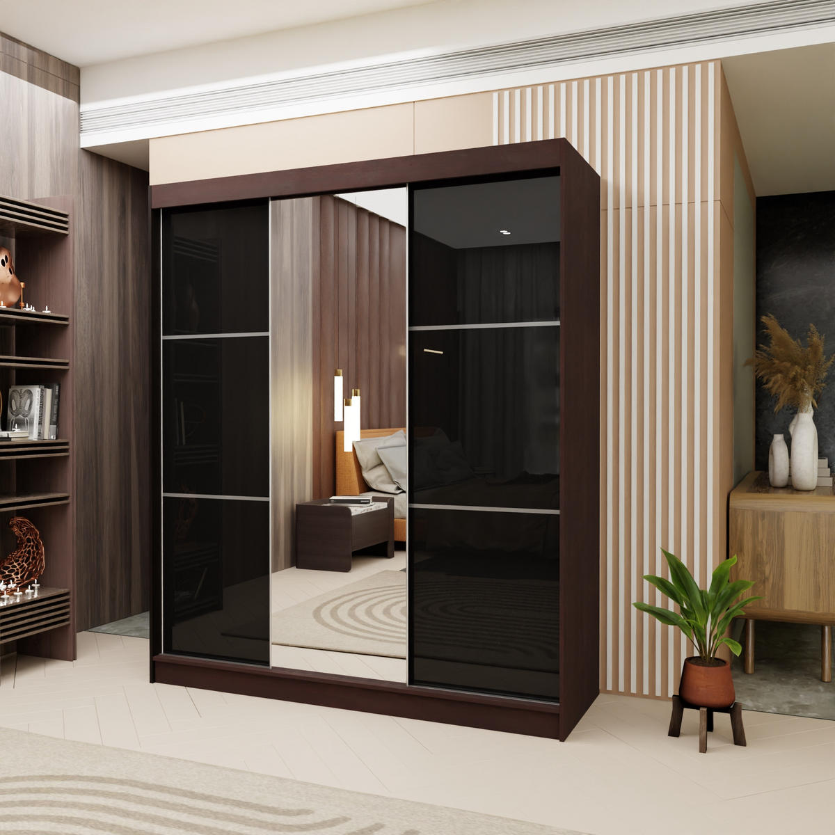 SCHWEBETÜRENSCHRANK VITALE 180/216/61 cm 3-türig mit Spiegel Wengefarben - Wengefarben/Schwarz, Holzwerkstoff (180/216/61cm) - MASSENO