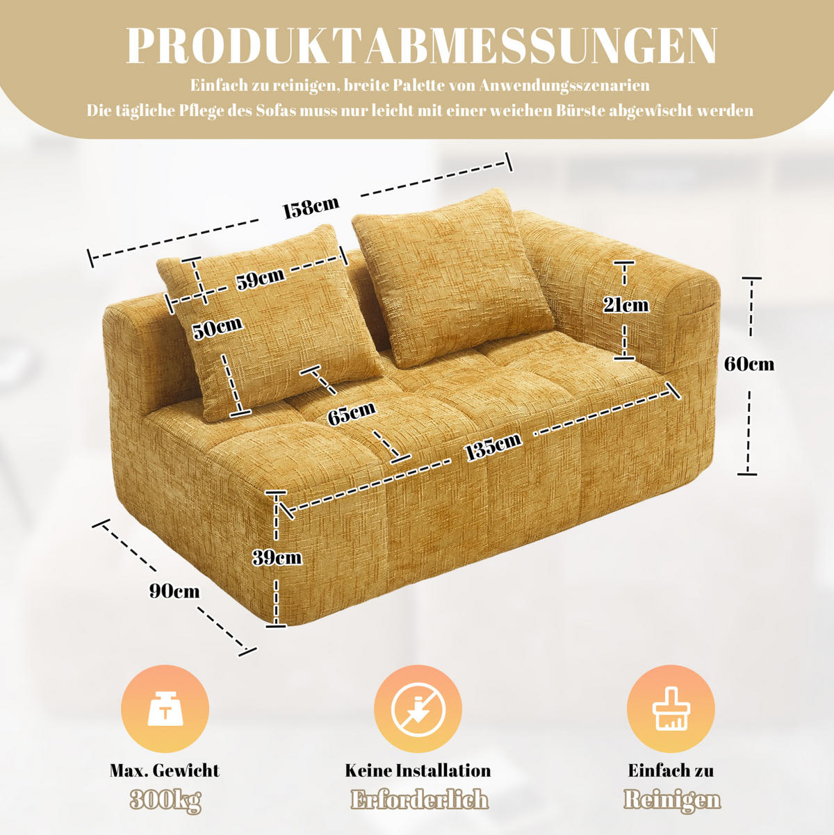 2-SITZER 158/90/60 cm Gelb aus Chenille mit Seitentaschen - Gelb, Textil (90/60/158cm) - OKMYHOME