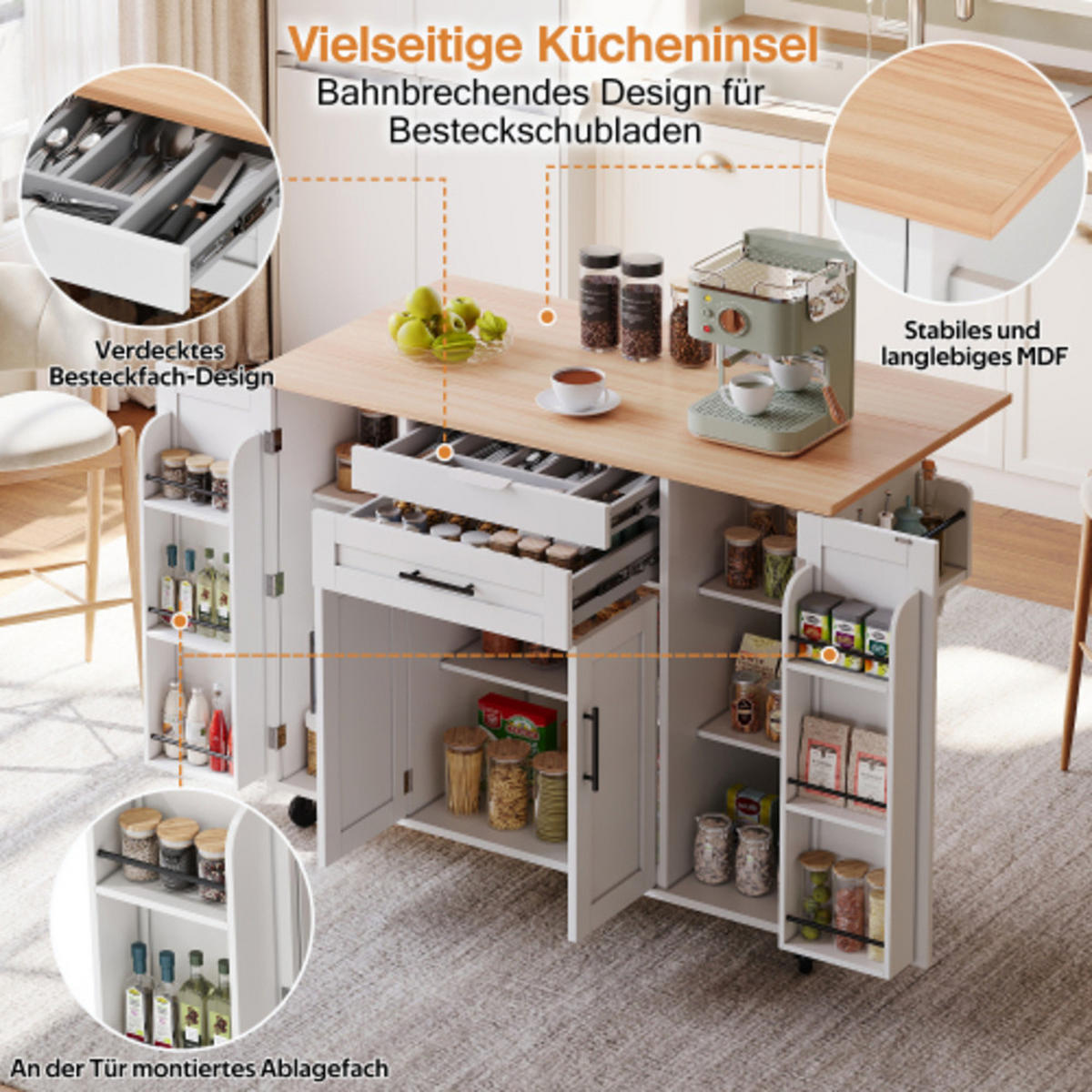 KÜCHENINSEL Weiß aus MDF mit ausklappbarer Arbeitsverlängerung 136 × 70 × 92 cm - Weiß, Holzwerkstoff (136/92/70cm) - Luhomfu
