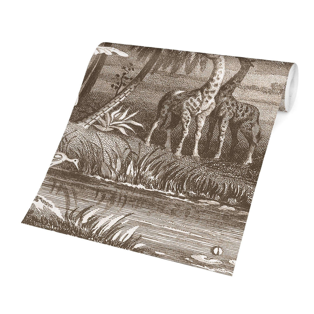 FOTOTAPETE Tropischer Kupferstich mit Giraffen in Braun 288/190 cm - Eichefarben, Papier (288/190cm) - Bilderwelten