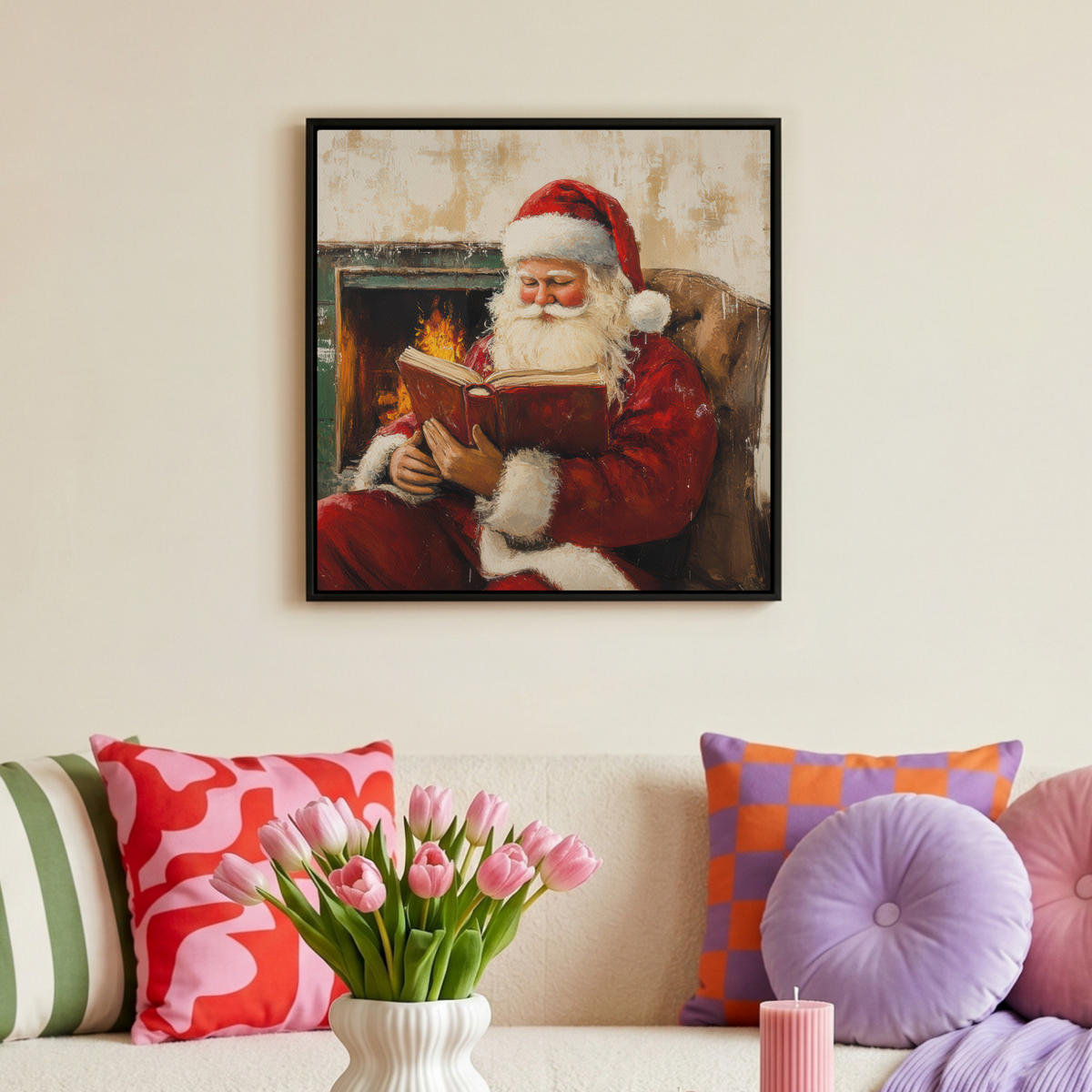 LEINWAND Bilder mit Rahmen - Weihnachten - Weihnachtsmann - Winter - Open Fireside - 50x50 - Dunkelrot, Textil (50/50cm) - MuchoWow