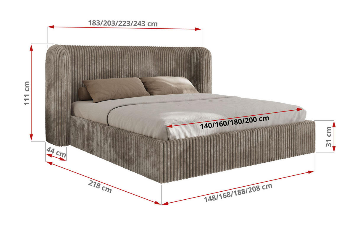 POLSTERBETT EMORA CLASSIC 160/200 - Hellbraun Cord - Multipocket-Matratze - Hellbraun, Textil (160/200cm) - MKS