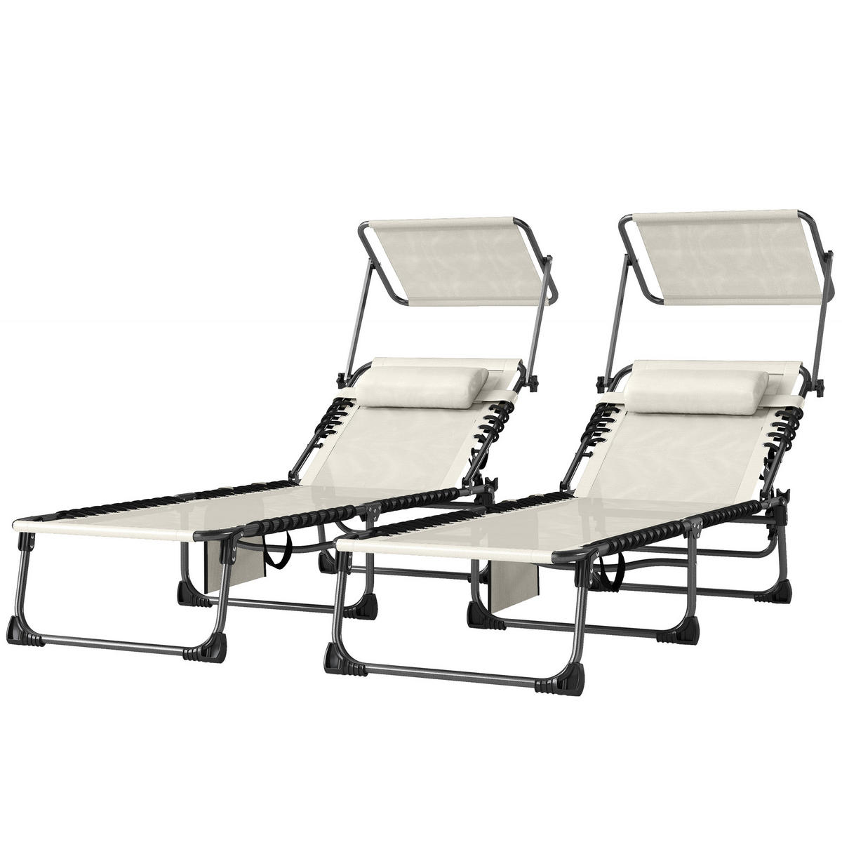 GARTENSONNENLIEGE, 2er-Set, Creme, 5-fach verstellbare Lehne, Sonnenschutz, Seitentasche, Kopfstütze - Weiß, Metall (190/30/57cm) - Vallsero