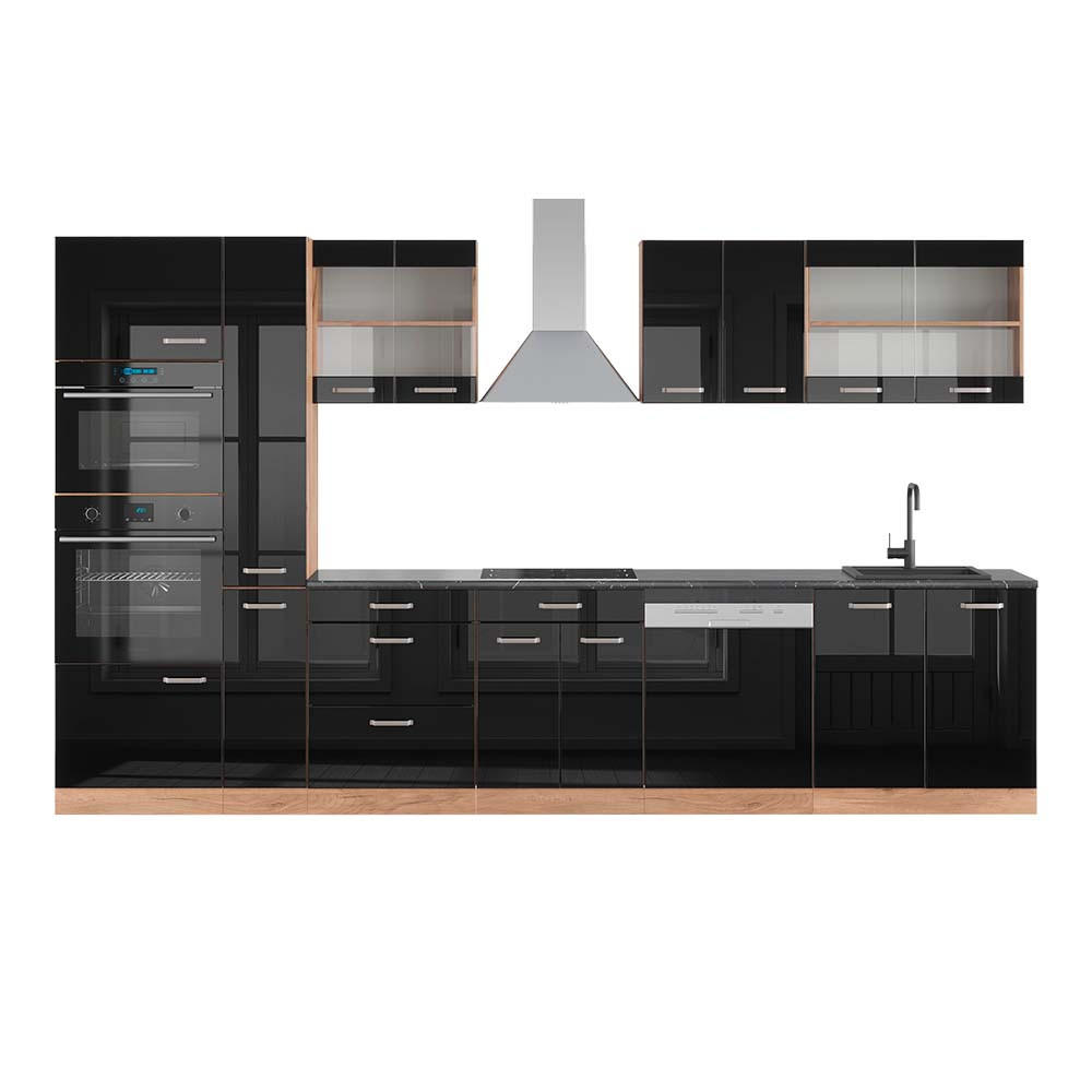 Vicco Küchenzeile Schwarz Hochglanz, Eiche 350x206.8x60 cm