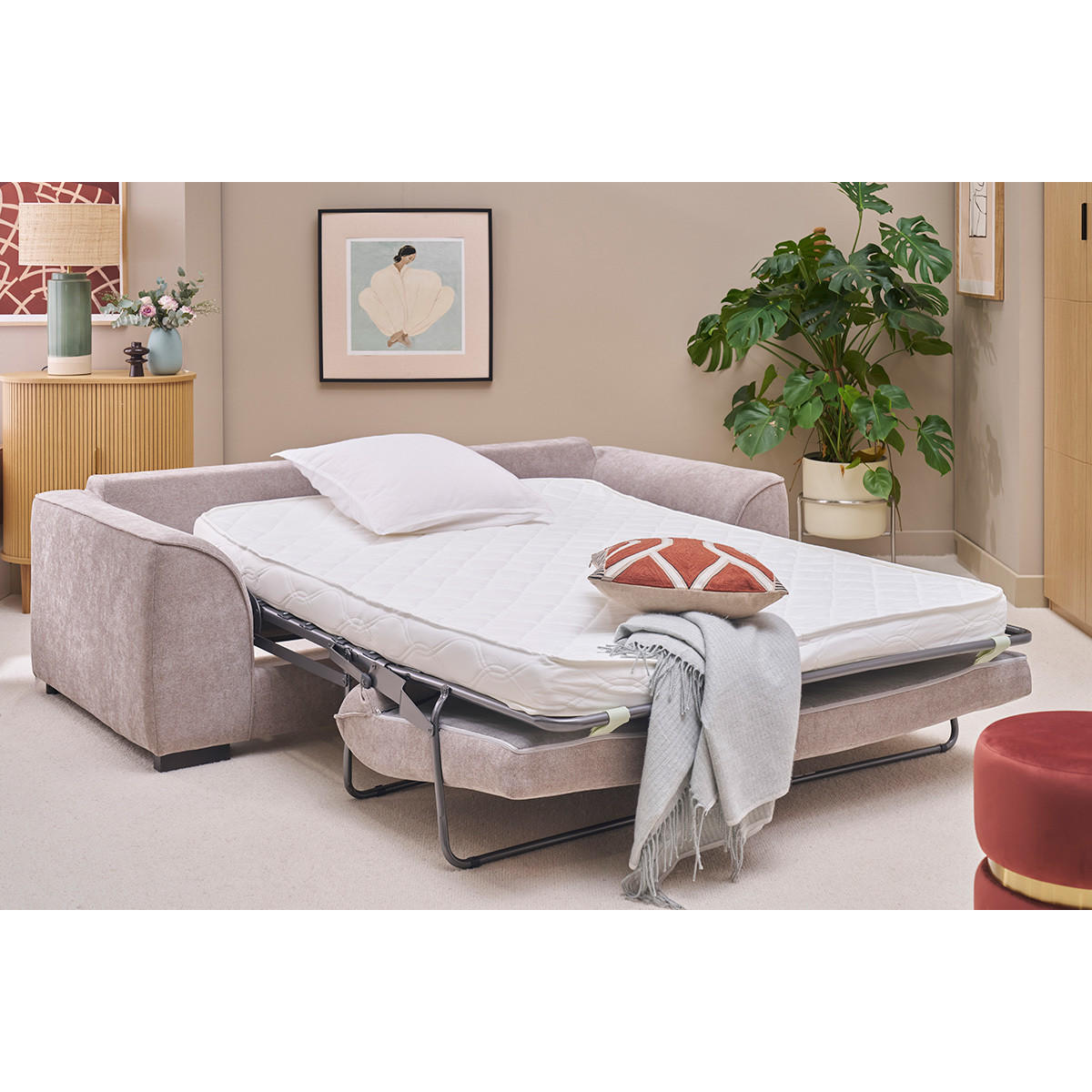 3-SITZER Schlafsofa in taupefarbenem Samt-Effekt Stoff mit 12 cm Matratze ARMAND - Taupe, Textil (100/80/217cm) - Miliboo