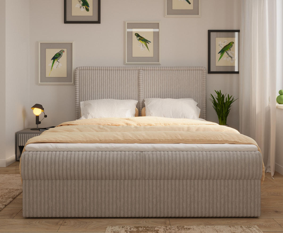 BOXBETT 04 180 x 200 cm - Ambience – Modernes Polsterbett mit Bettkasten, Topper und gepolstertem Kopfteil, Stoffbezug, Stauraumbett - Hellgrau, Holz (180/200cm) - ROYAL24_MARKT