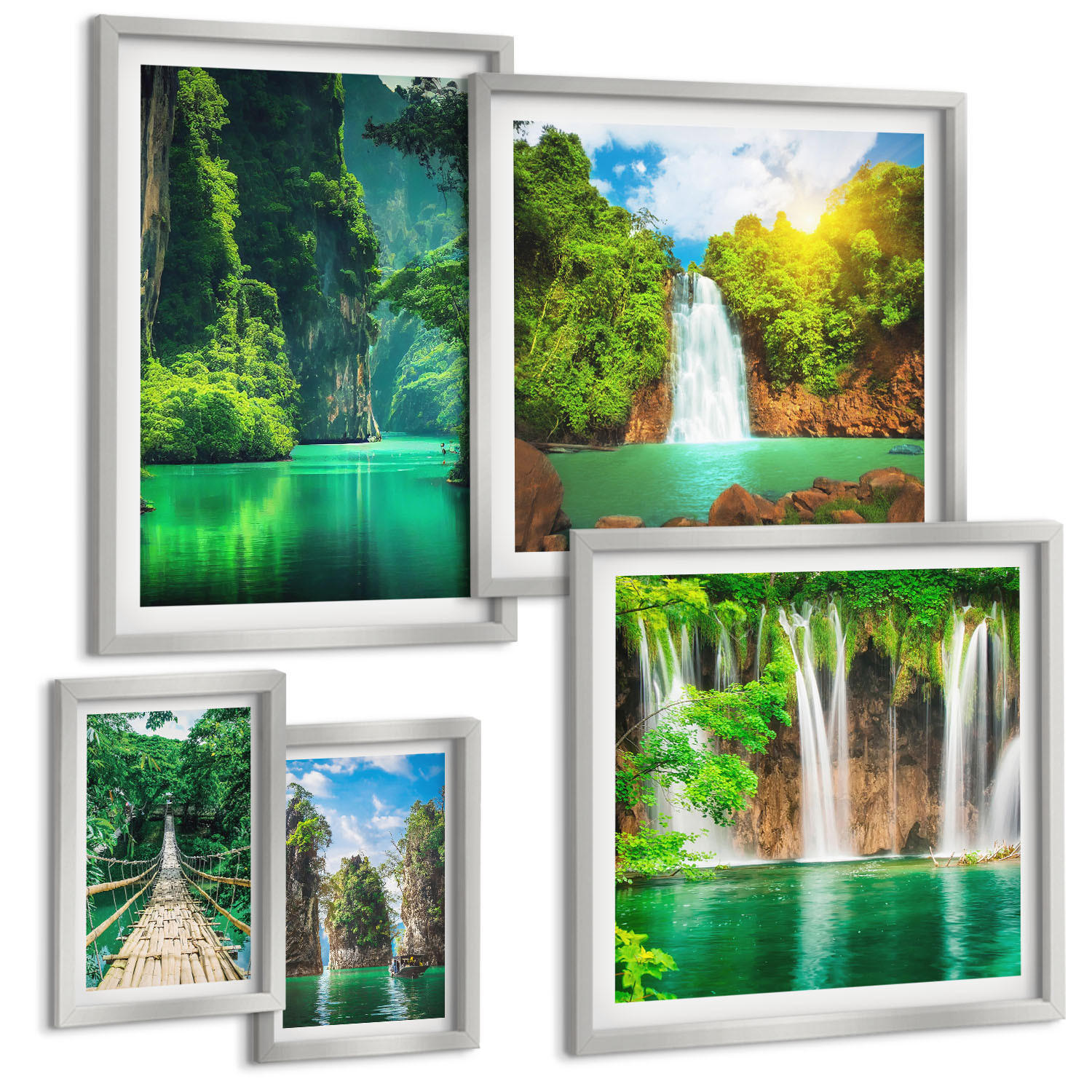 BILDER SET 5er Set - 50x50 cm & 20x30 cm & 40x60 cm Silberner Rahmen - See, Berge, Boote, Ferienhaus - Silberfarben, Kunststoff (40/60cm) - TULUP