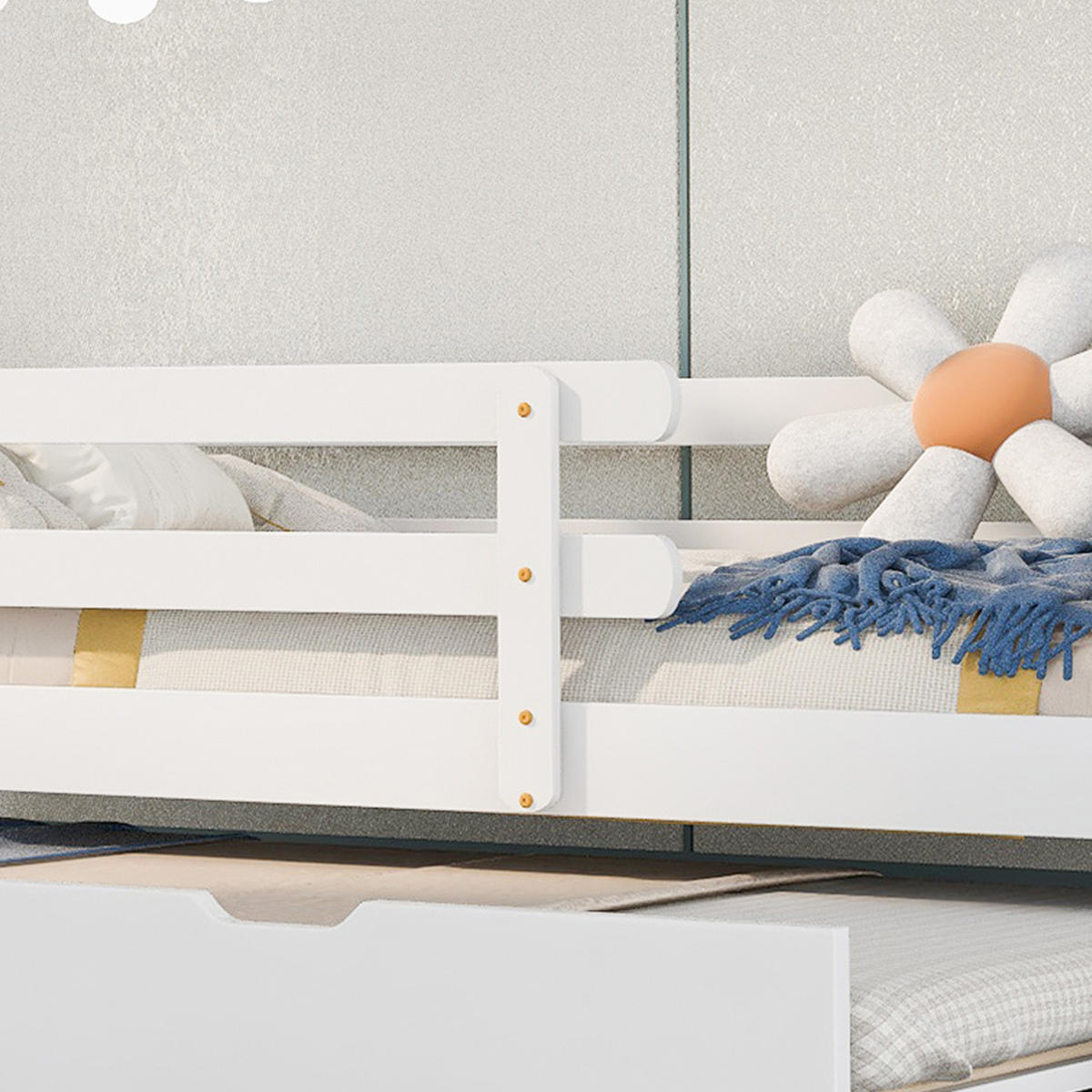 KINDERBETT 90/200 cm Weiß mit naturfarbenem Dachstuhl aus Massivholz - Weiß, Holz (90/200cm) - OKWISH