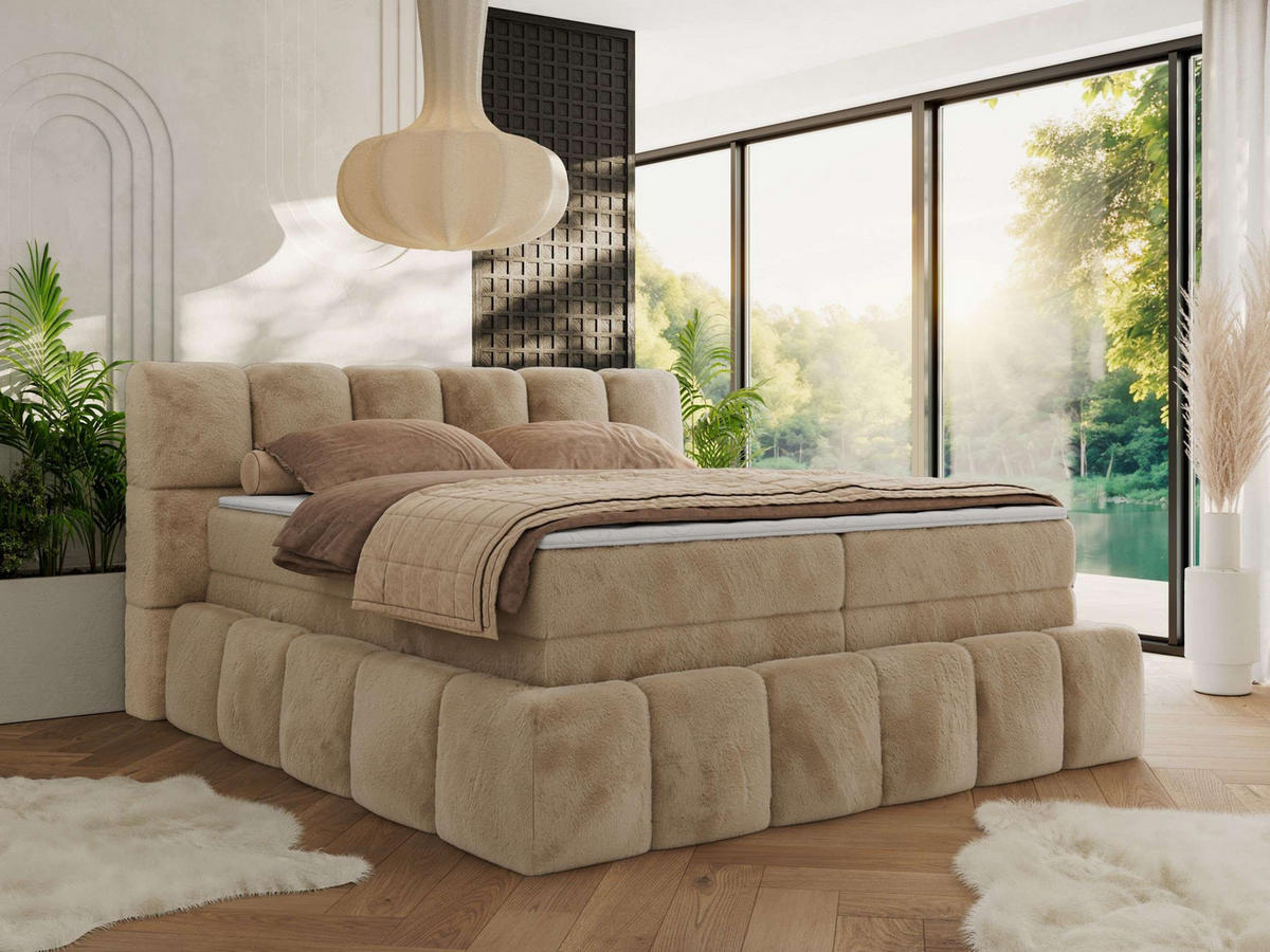BOXSPRINGBETT NIRA KING 160/200 Beige Plüsch - H3 - Beige, Holz/Textil (160/200cm) - MKS