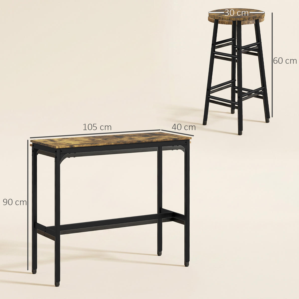 BAR-SET Rostfarben 105.0/40.0/90.0cm - Rostfarben, Holzwerkstoff (40/90/105cm)