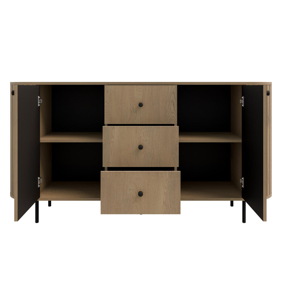 SIDEBOARD Halay Eiche Cremona 2 Türen & 3 Schubladen Moderne Rillenstruktur 164,6 cm - Eichefarben/Schwarz, Holzwerkstoff/Metall (164.6/85.4/42.3cm) - AX Living