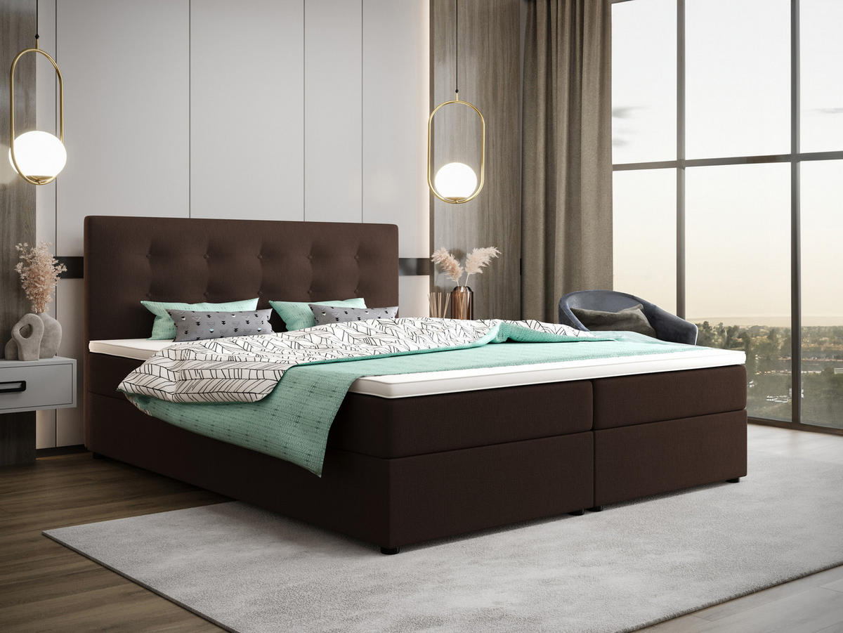 BOXBETT FADO 22 mit Matratze H3, Bonell und Topper 140x200 Cosmic 800 - Dunkelbraun, Holz/Textil (140/200cm) - Bedante