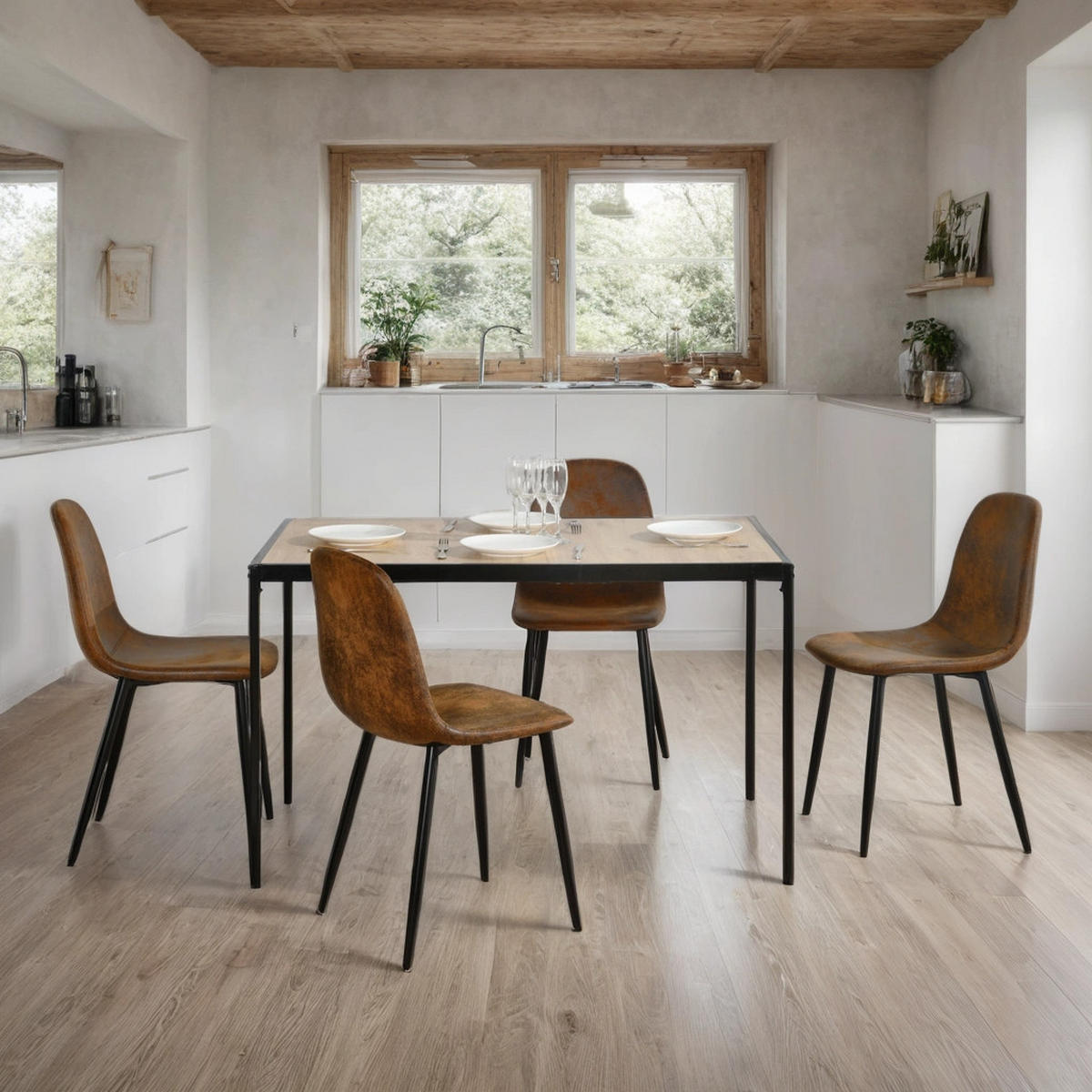 ESSTISCH SET dunkles Holz und Braun - Braun, Holzwerkstoff/Metall (120/75/80cm) - Urban Meuble