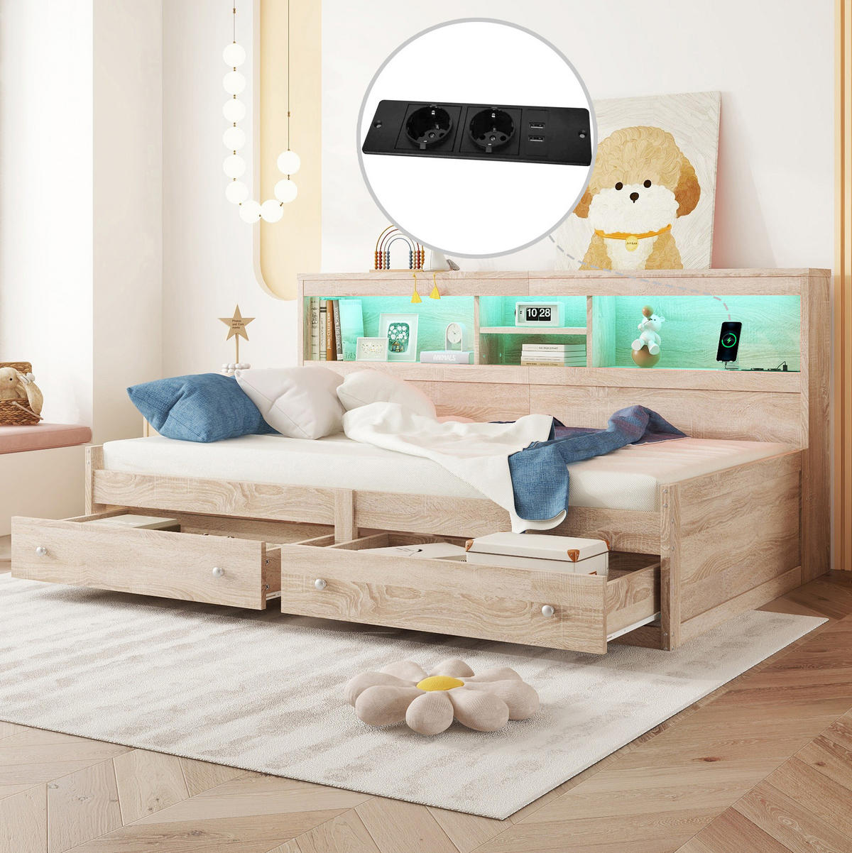 TAGESBETT 90/200 cm Natur aus Spanplatte und MDF mit LED-Ambientebeleuchtung und USB-Ladefunktion - Naturfarben, Holzwerkstoff (90/200cm) - OKMYHOME