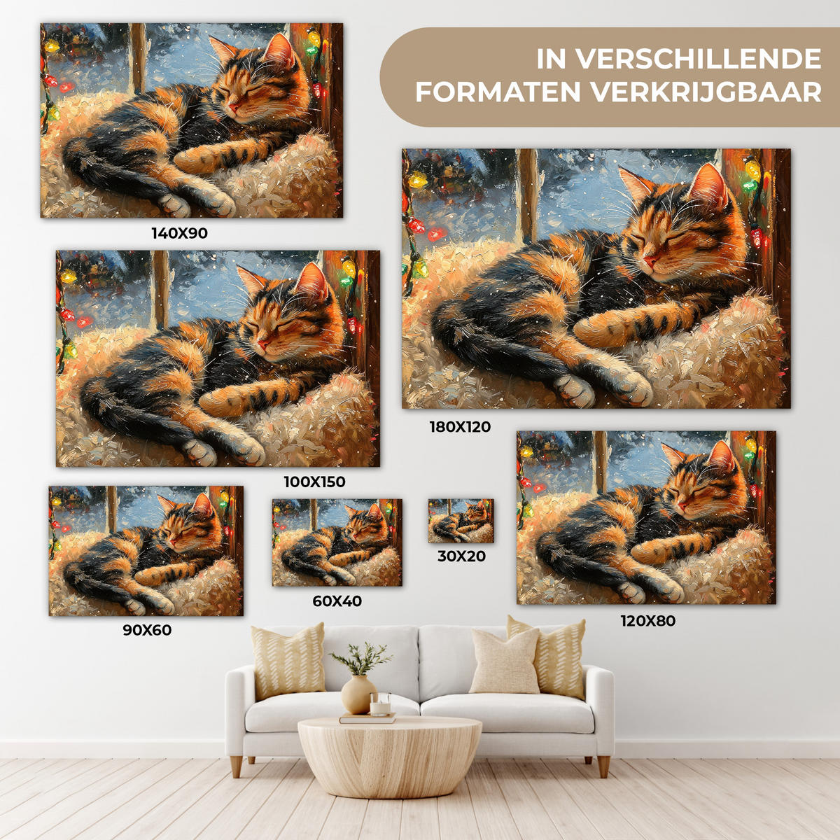LEINWANDBILD Katze - Weihnachten - Winter - Tier Wohnzimmer Groß 120x80 cm - Bernsteinfarben, Textil (120/80cm) - MuchoWow