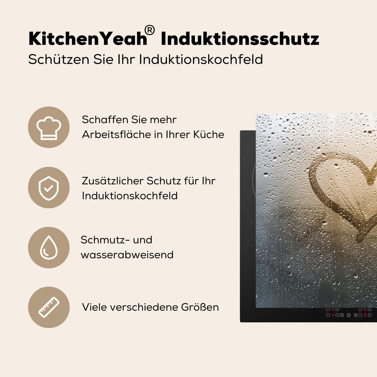 HERDABDECKPLATTE Herz - Kondenswasser - Wasser - 3D Induktionsmatte 78x78 cm - Grau, Kunststoff (78/78/0.2cm) - MuchoWow