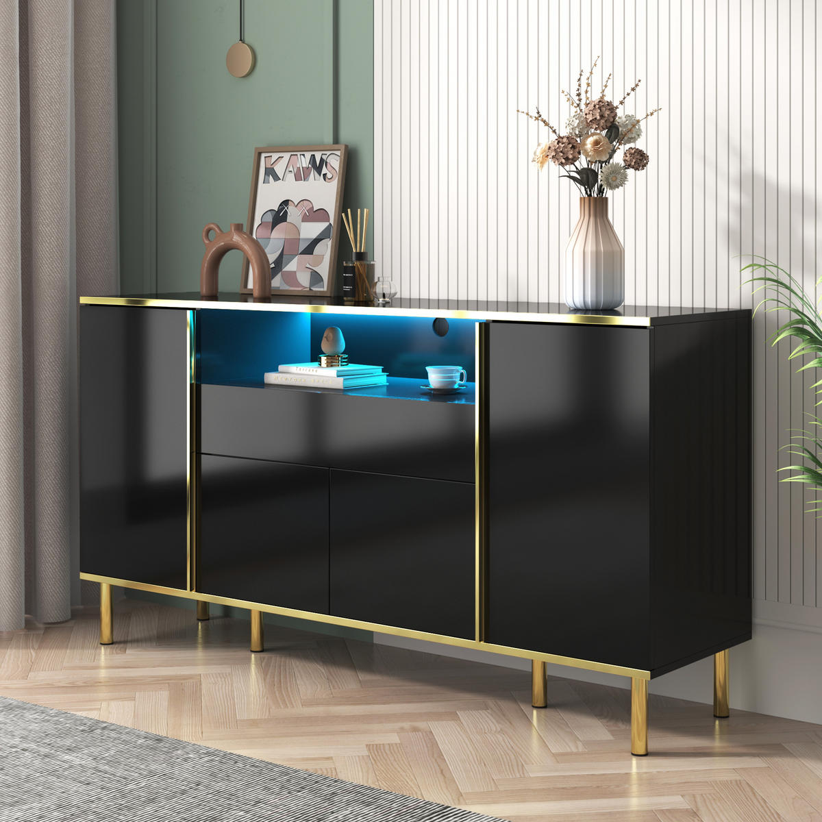 SIDEBOARD in Hochglanz Schwarz mit goldenen Akzenten, 4 Türen, 1 Schublade und LED-Beleuchtung, 150/40/80 cm, Schwarz - Schwarz, Holzwerkstoff (150/80/40cm) - Redom