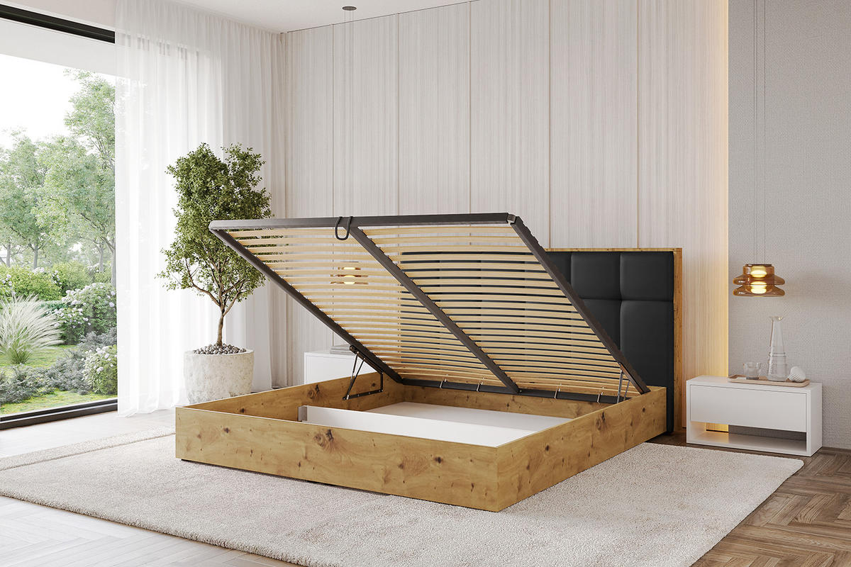 POLSTERBETT mit Bettkasten und Lattenrost, Bett mit Matratze H3/H4 - ENZO7 200x200 Schwarz Kunstleder - Schwarz Hochglanz, Holzwerkstoff/Textil (200/200cm) - ALTDECOR