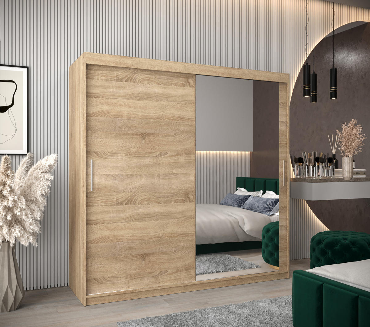 SCHWEBETÜRENSCHRANK 200/200/62 2-türig - Silberfarben/Sonoma Eiche, Holz/Kunststoff (200/200/62cm) - MÖBEL KRYSPOL
