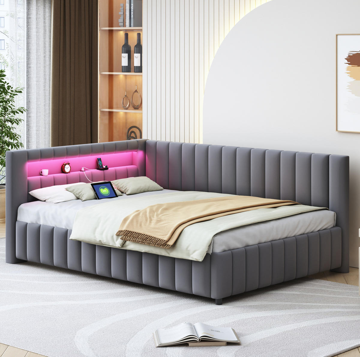 ČALÚNENÁ posteľ z velúru 140x200 cm sivá s LED osvetlením, USB portom a operadlom - sivá, textil (140/200cm) - Modfu