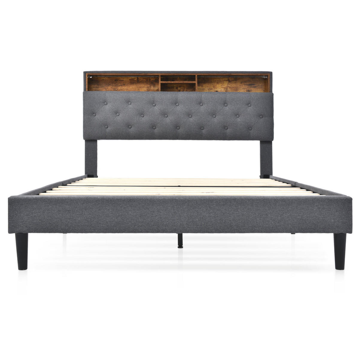 POLSTERBETT aus Massivholz 140x200 cm Grau mit Stauraum-Kopfteil, LED-Beleuchtung und Federkernmatratze - Grau, Holz (140/200cm) - IVMEU