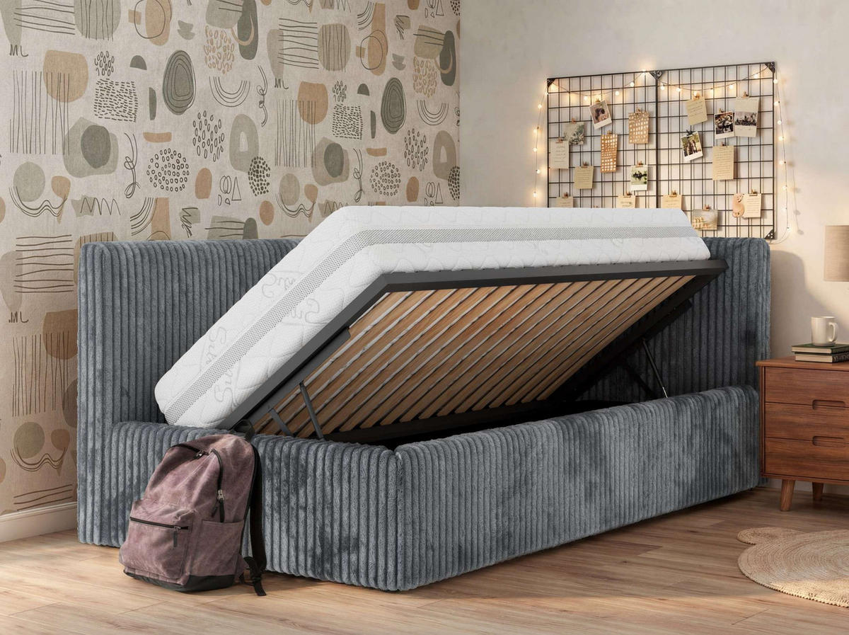 POLSTERBETT TILVO 90/200 - Grau Cord - Ohne Matratze - Rechts - Grau, Textil (200/90cm) - MKS