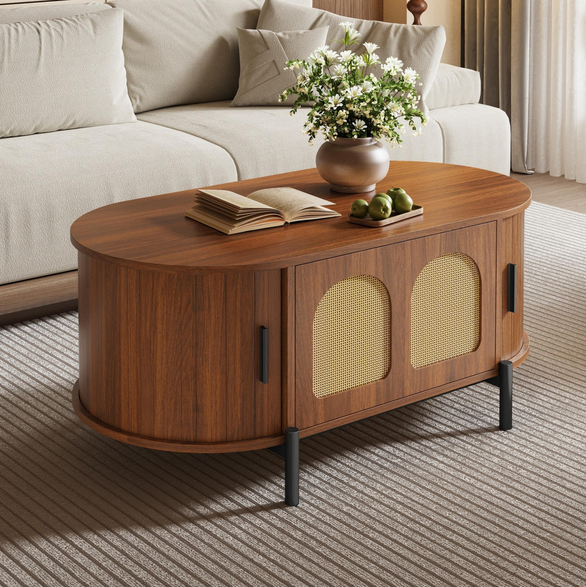 COUCHTISCH 100/50/40 cm nussbaum aus MDF mit Rattan-Schiebetüren und Stauraum - Walnussfarben, Holzwerkstoff (50/100/40cm) - OKWISH