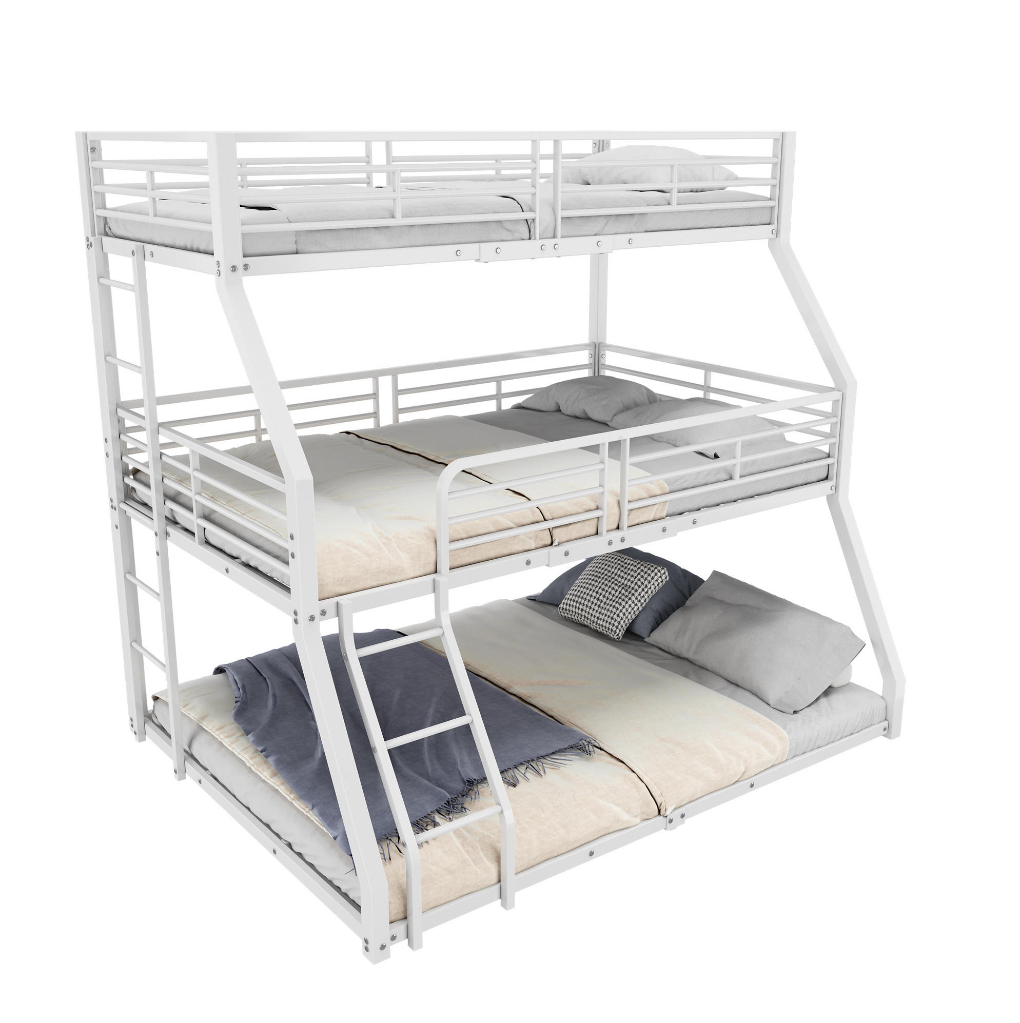 ETAGENBETT 90/200 cm aus Metall in Weiß – Dreifachbett mit 2 Leitern - Weiß, Metall (90/200cm) - BEAOK