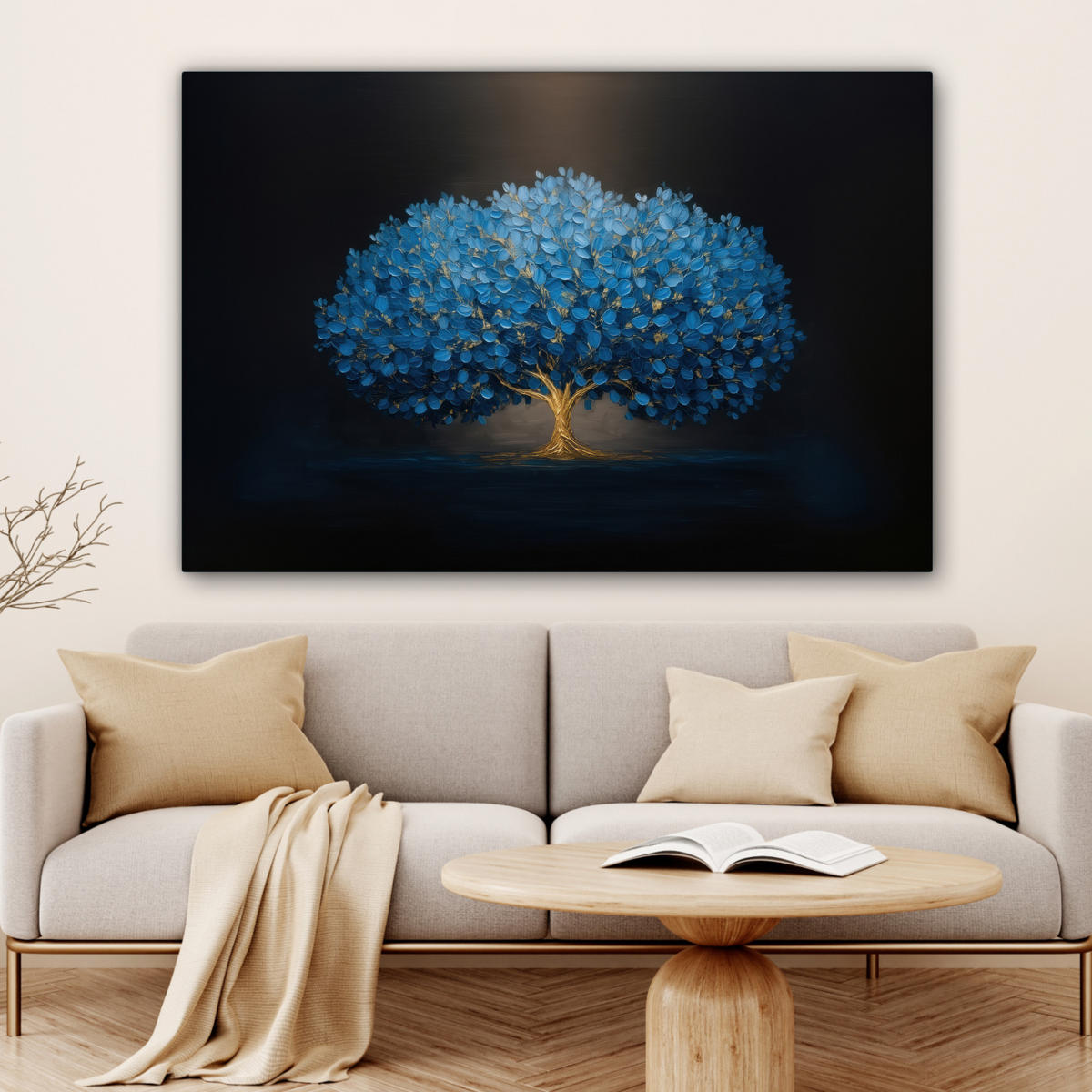 LEINWANDBILD Baum - Blau - Blätter - Pinselstriche Wohnzimmer Groß 120x80 cm - Blau, Textil (120/80cm) - MuchoWow
