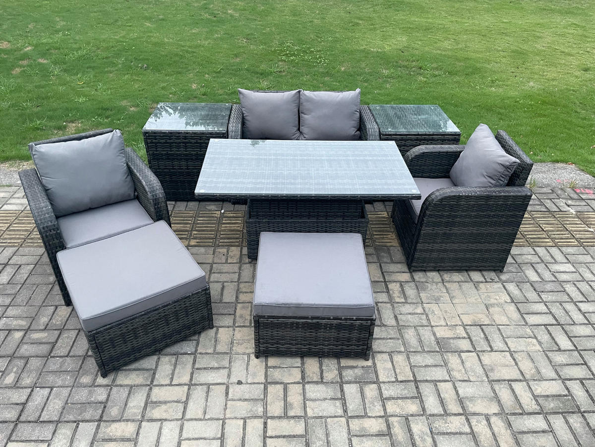 GARTENMÖBEL SET mit Sofa Polyrattan 6-Sitzer - Dunkelgrau/Grau, Glas/Kunststoff - Fimous