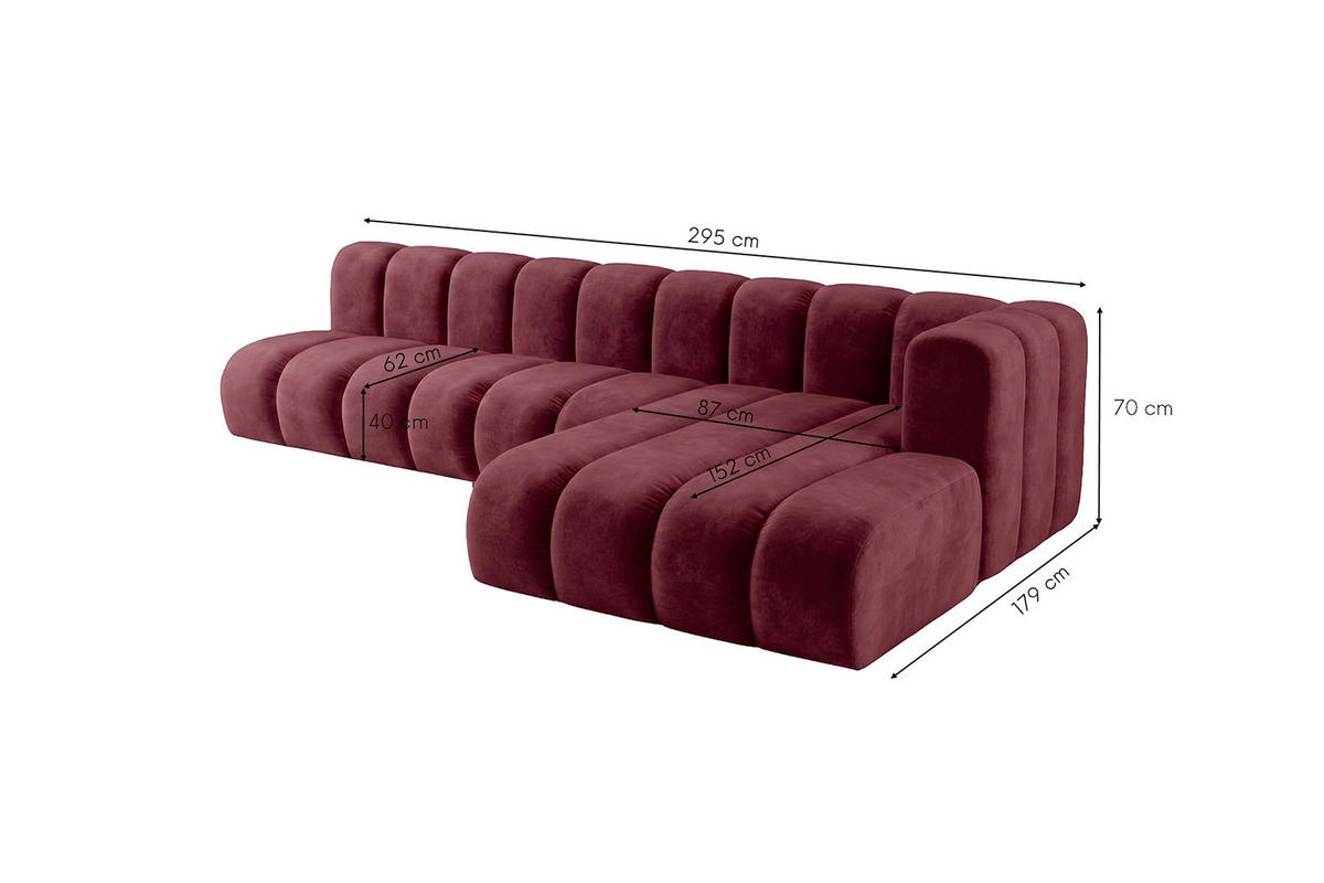 ECKSOFA Modulares In L-Form, Velvet-Stoff Riviera, Rotwein, Rechts, GRAND 295 cm - Dunkelrot, Holz (295/179cm) - Kaiser Möbel