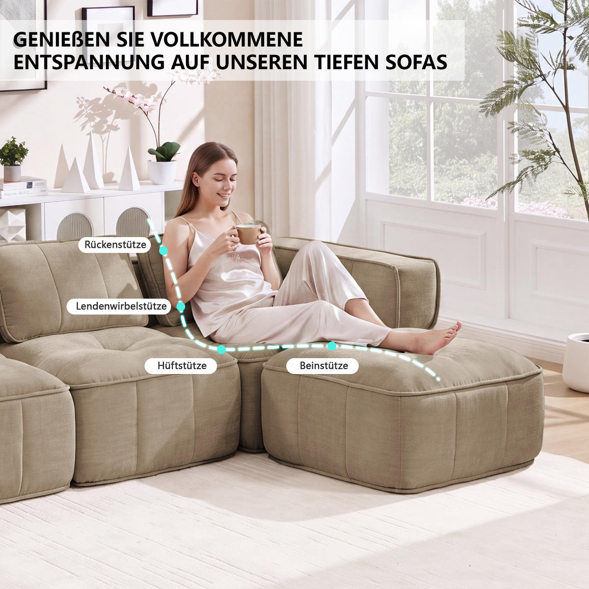 3-SITZER-SOFA mit Hocker, minimalistisch, Polyester-Sandfarben - Sandfarben, Textil (162/67/271cm) - KOMHTOM
