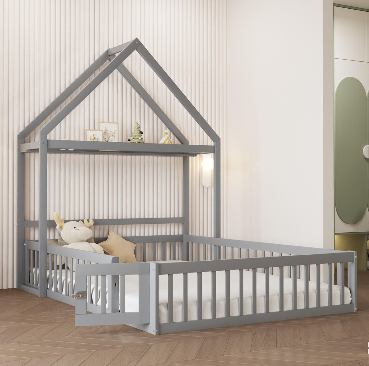HAUSBETT 140/200 cm Grau aus Massivholz mit Stauraum und Schutzgitter - Grau, Holz (140/200cm) - Flora Grace
